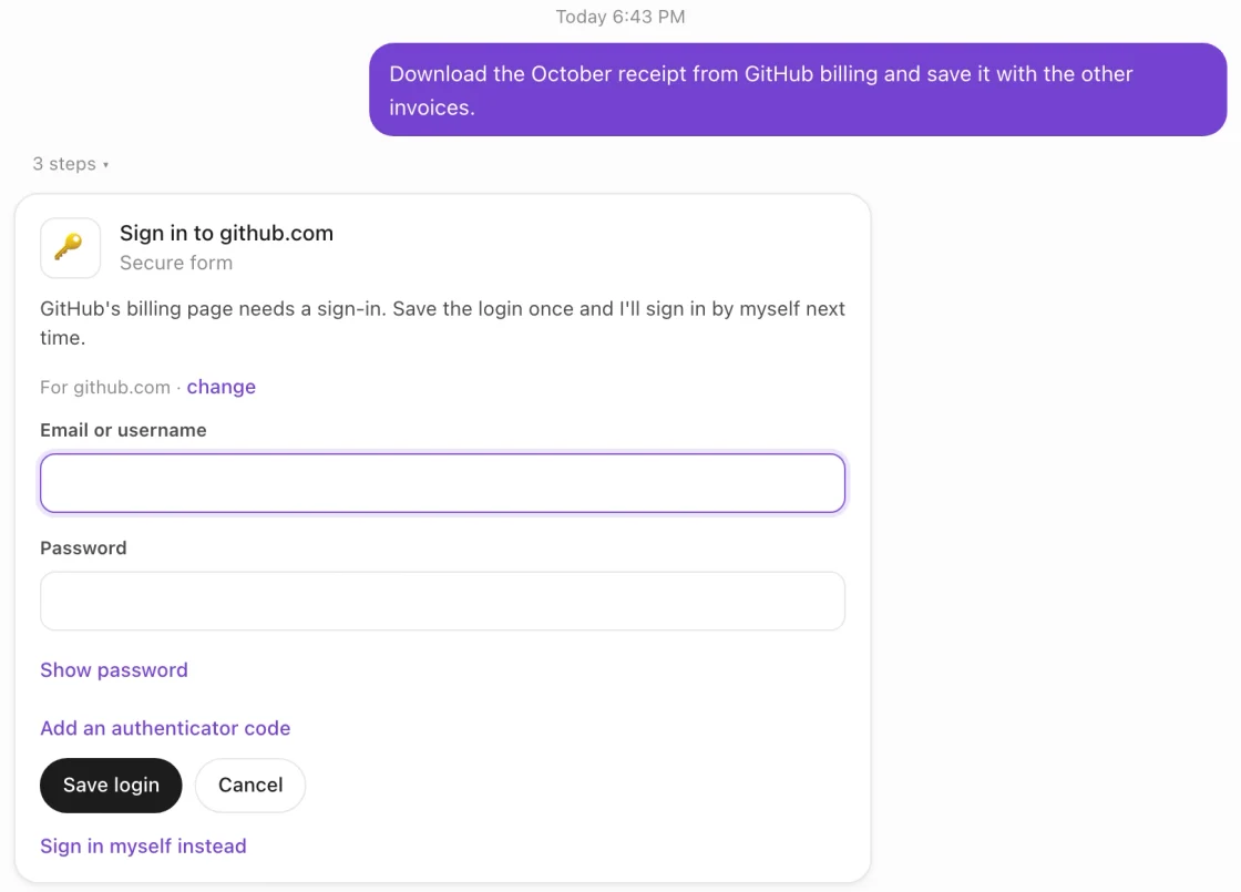 A sign-in card in the chat with a secure form for a username, a password and an authenticator code.